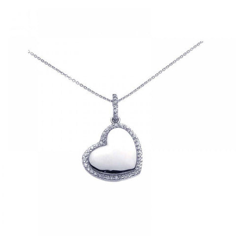 Sterling Silver Necklace with High Polished Heart Inlaid with Clear Czs Pendant