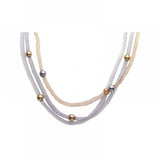 Sterling Silver Rhodium and Gold Plated Three Strands Mesh Chain Necklace with Multi Beads Deisgn