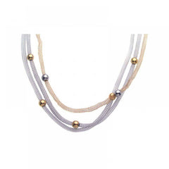 Sterling Silver Rhodium and Gold Plated Three Strands Mesh Chain Necklace with Multi Beads Deisgn