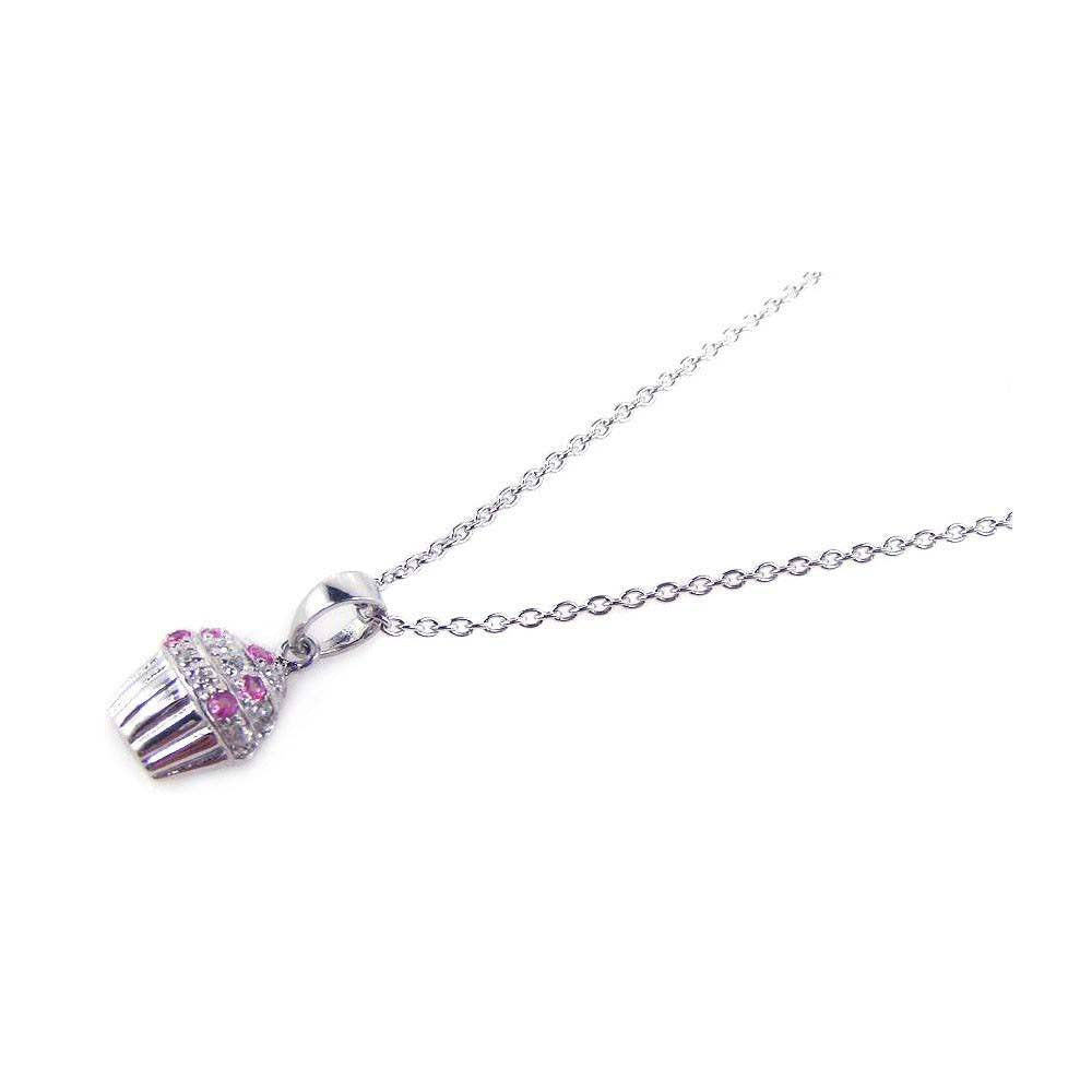 Sterling Silver Necklace with Yummy Cupcake Inlaid with Clear and Pink Czs Pendant