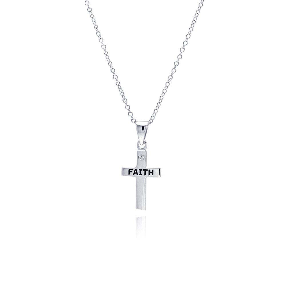 Sterling Silver Rhodium Plated Clear CZ Cross Faith Necklace