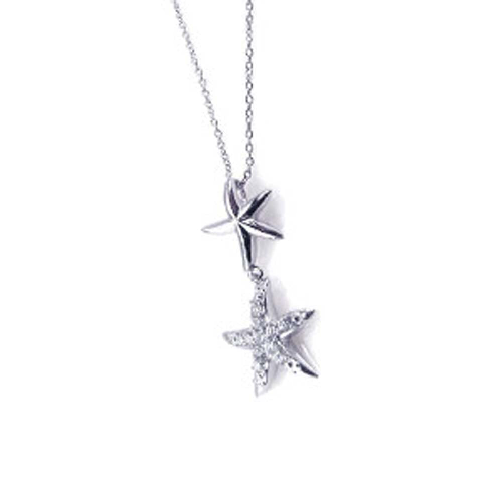Sterling Silver Necklace with Fancy Double Star Link Inlaid with Clear Czs Pendant