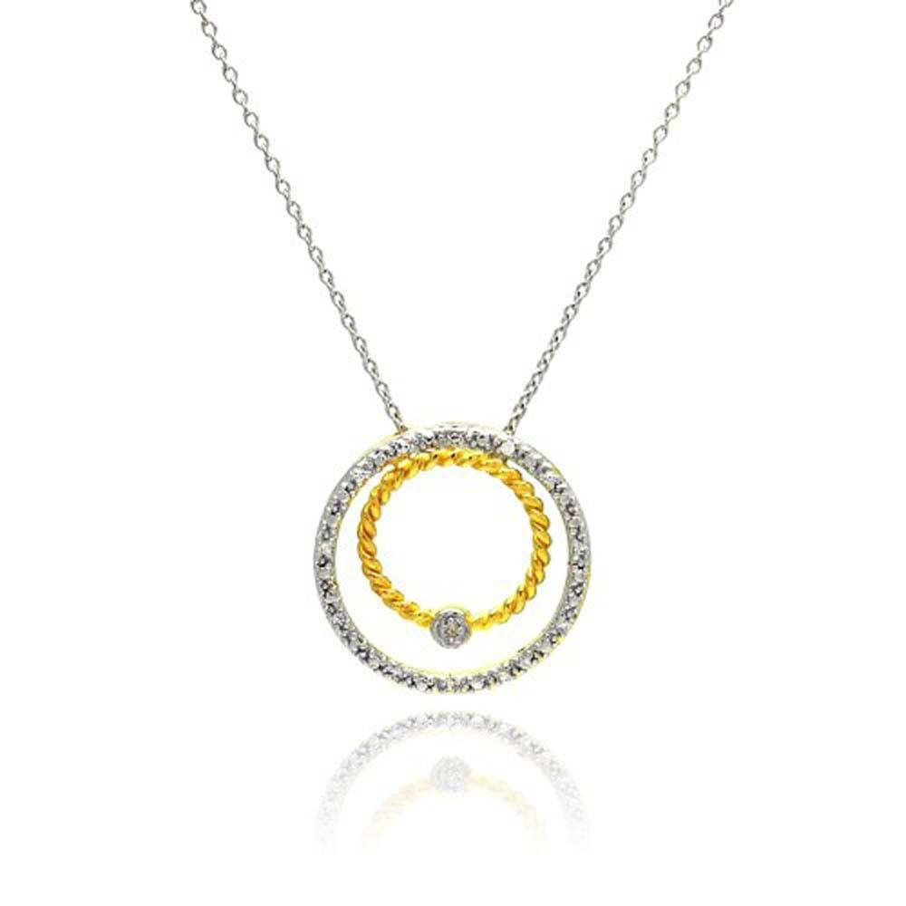 Sterling Silver Necklace with Two-Toned Double Open Circle Inlaid with Clear Czs Pendant