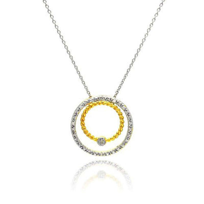 Sterling Silver Necklace with Two-Toned Double Open Circle Inlaid with Clear Czs Pendant