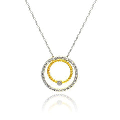 Sterling Silver Necklace with Two-Toned Double Open Circle Inlaid with Clear Czs Pendant