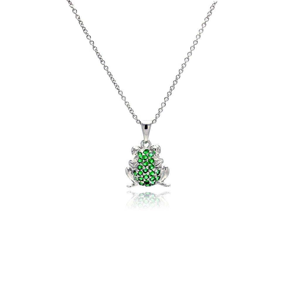 Sterling Siver Necklace with Fancy Frog Inlaid with Green Czs Pendant Comes with Adjustable Chain