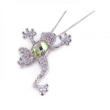 Sterling Silver Necklace with Paved Poison Arrow Frog Pendant and Centered with Oval Cut Green Cz