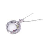 Sterling Silver Necklace with Fancy Paved Czs Glass Round Pendant with Multi-Colored Czs on Bezel Setting