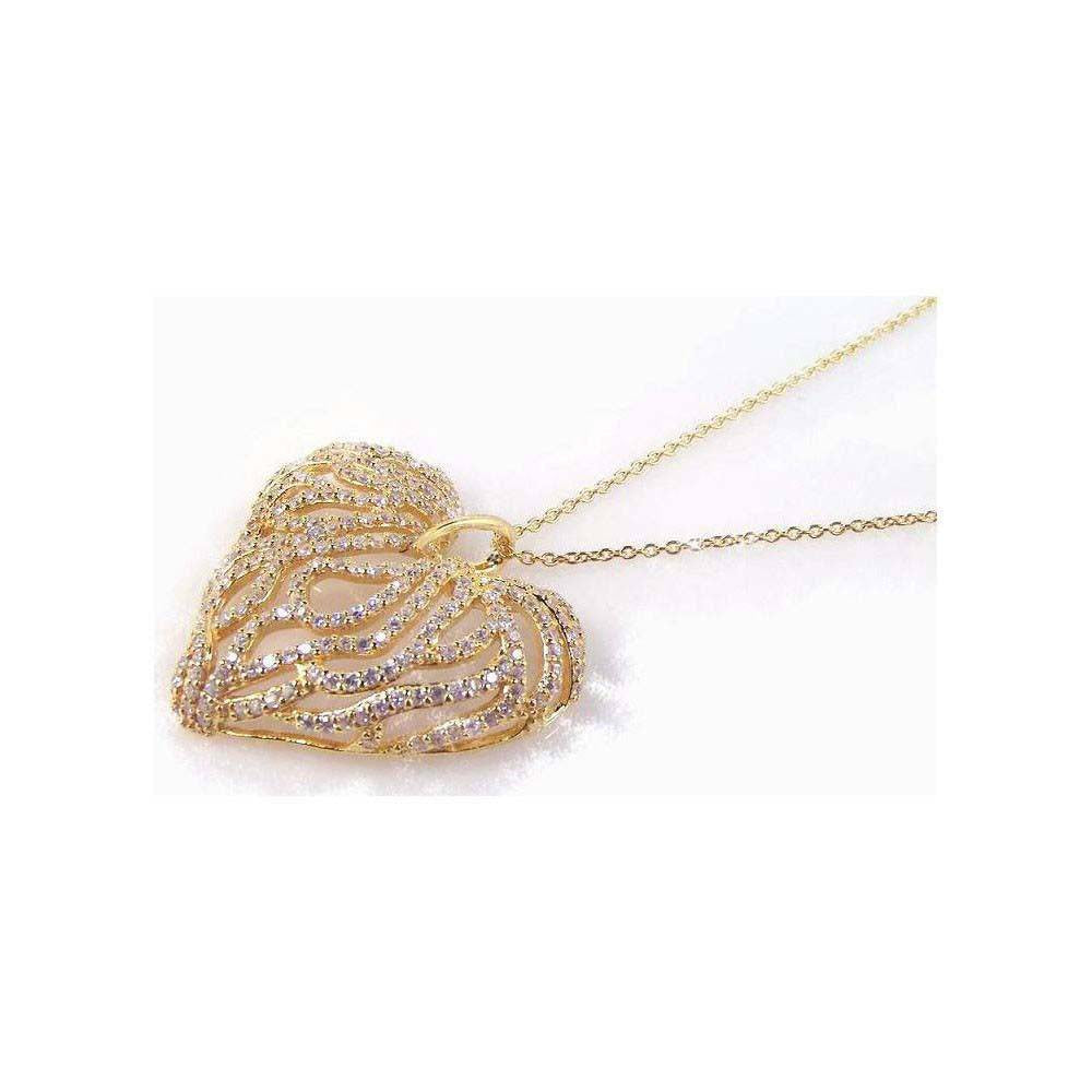 Sterling Silver Gold Plated Necklace with Fancy Cut-Out Heart Inlaid with Clear Czs Pendant