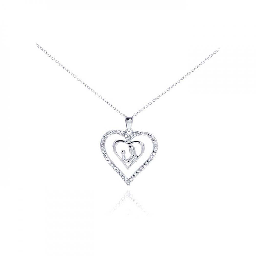 Sterling Silver Necklace with Mom and Son Heart Inlaid with Clear Czs Pendant