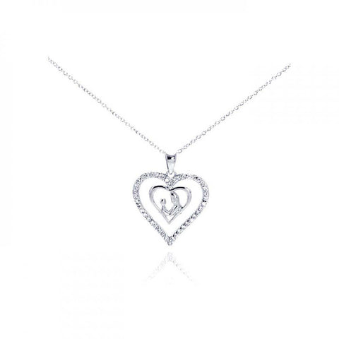 Sterling Silver Necklace with Mom and Son Heart Inlaid with Clear Czs Pendant