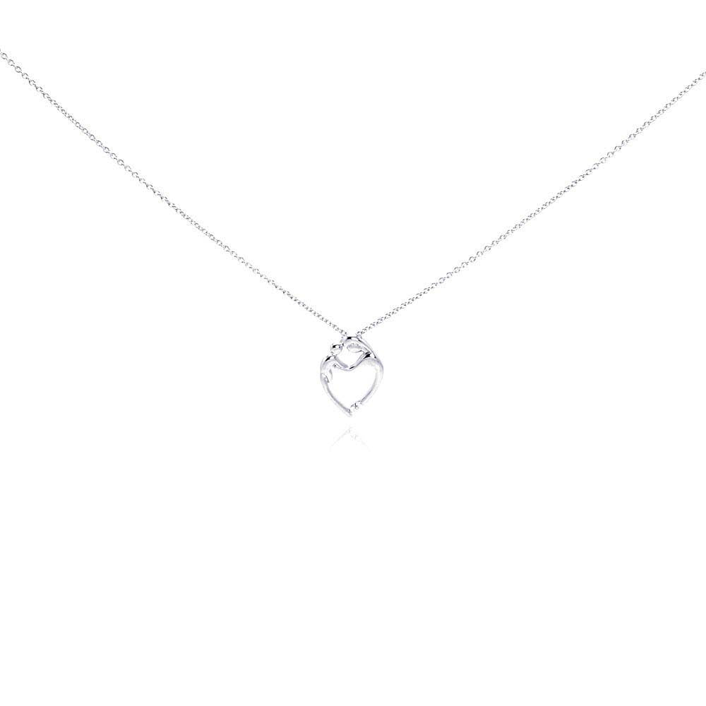 Sterling Silver Necklace with Fancy Mom and Son Heart Shaped Pendant