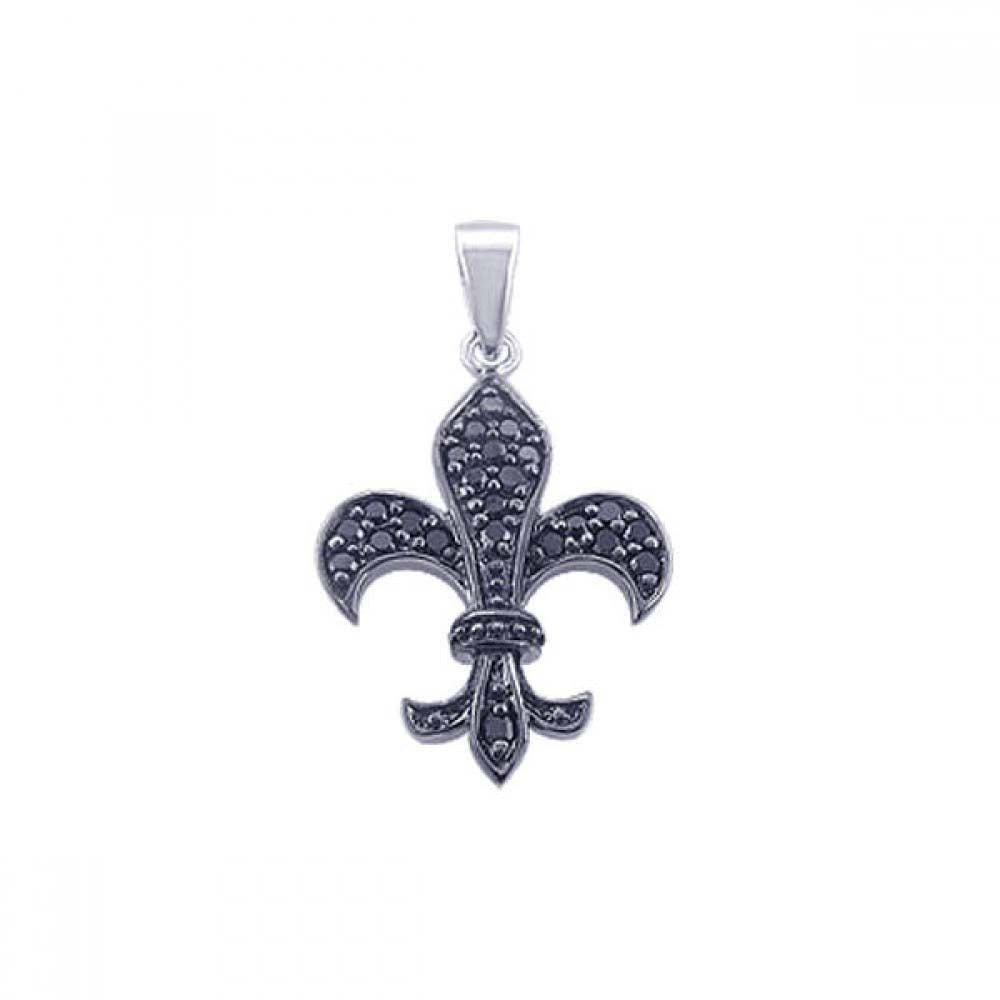 Sterling Silver Black Rhodium Plated Black CZ Flor De Lis Pendant���������