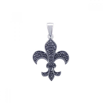 Sterling Silver Black Rhodium Plated Black CZ Flor De Lis Pendant