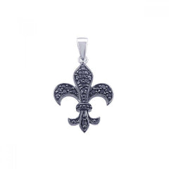 Sterling Silver Black Rhodium Plated Black CZ Flor De Lis Pendant