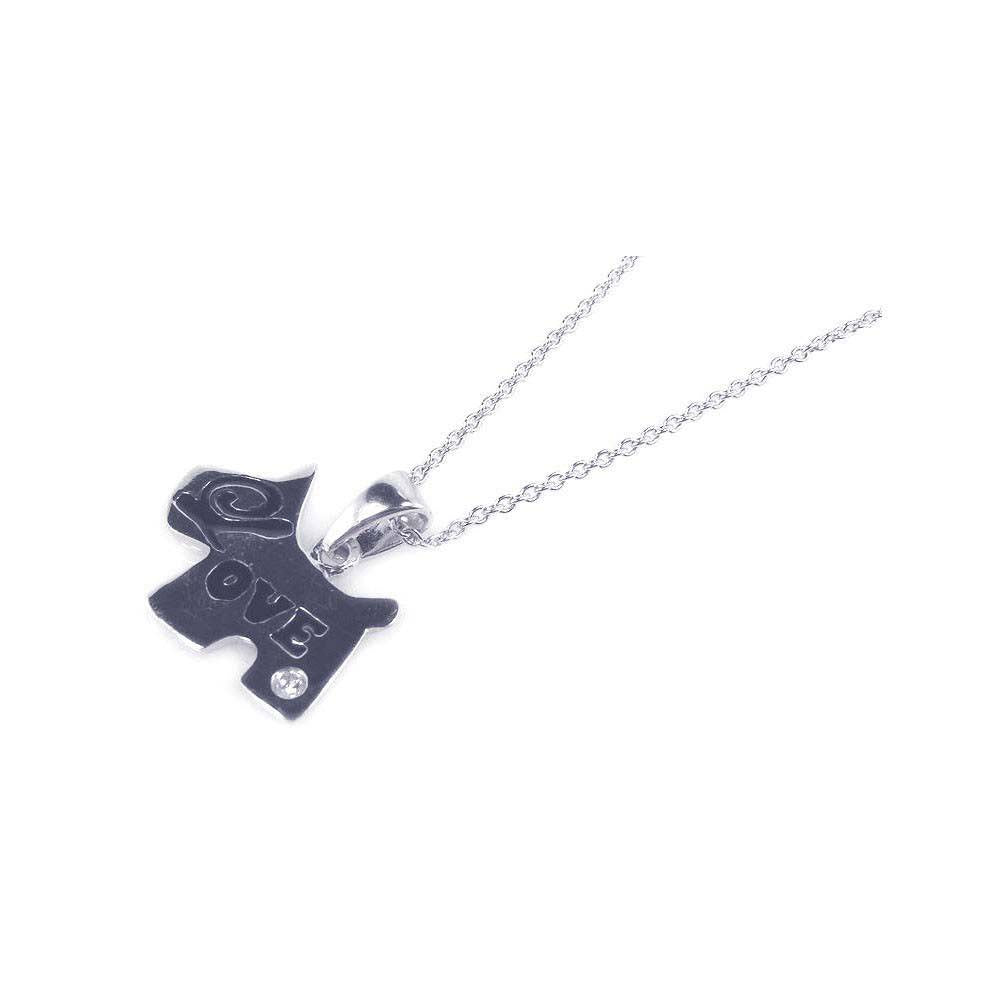 Sterling Silver Necklace with Black Dog Pendant Engraved with  LOVE  and Single Clear Cz Inlaid