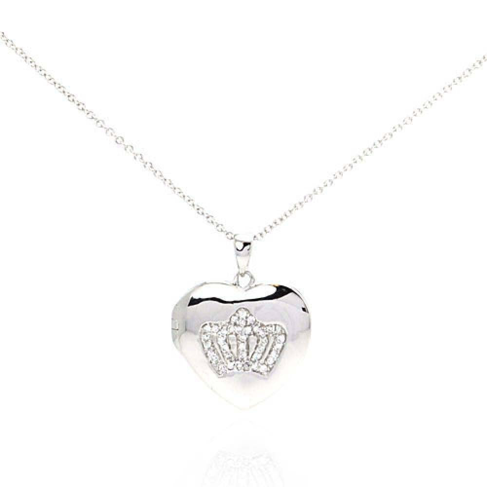 Sterling Silver Necklace with Trendy Heart Locket and Crown Design Inlaid with Clear Czs Pendant