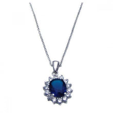 Load image into Gallery viewer, Sterling Silver Necklace with Antique Style Cluster Pendant Inlaid with Clear Czs and Centered with Oval Blue Sapphire Cz