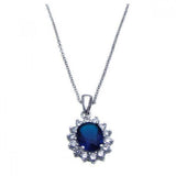 Sterling Silver Necklace with Antique Style Cluster Pendant Inlaid with Clear Czs and Centered with Oval Blue Sapphire Cz