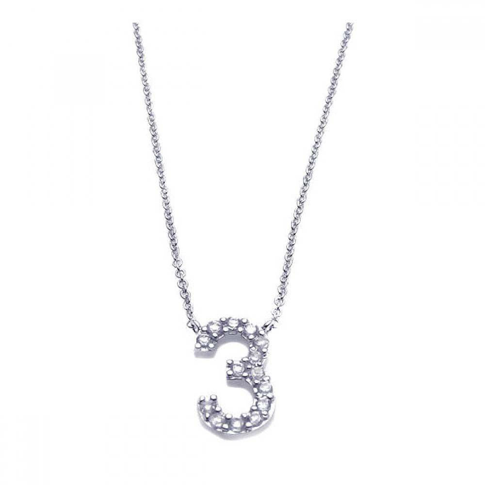 Sterling Silver Necklace with Number  3  Pendant Inlaid with Micro Paved Clear Czs