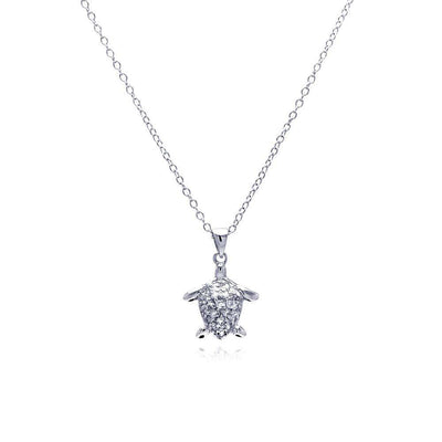 Sterling Silver Necklace with Fancy Paved Small Turtle Pendant