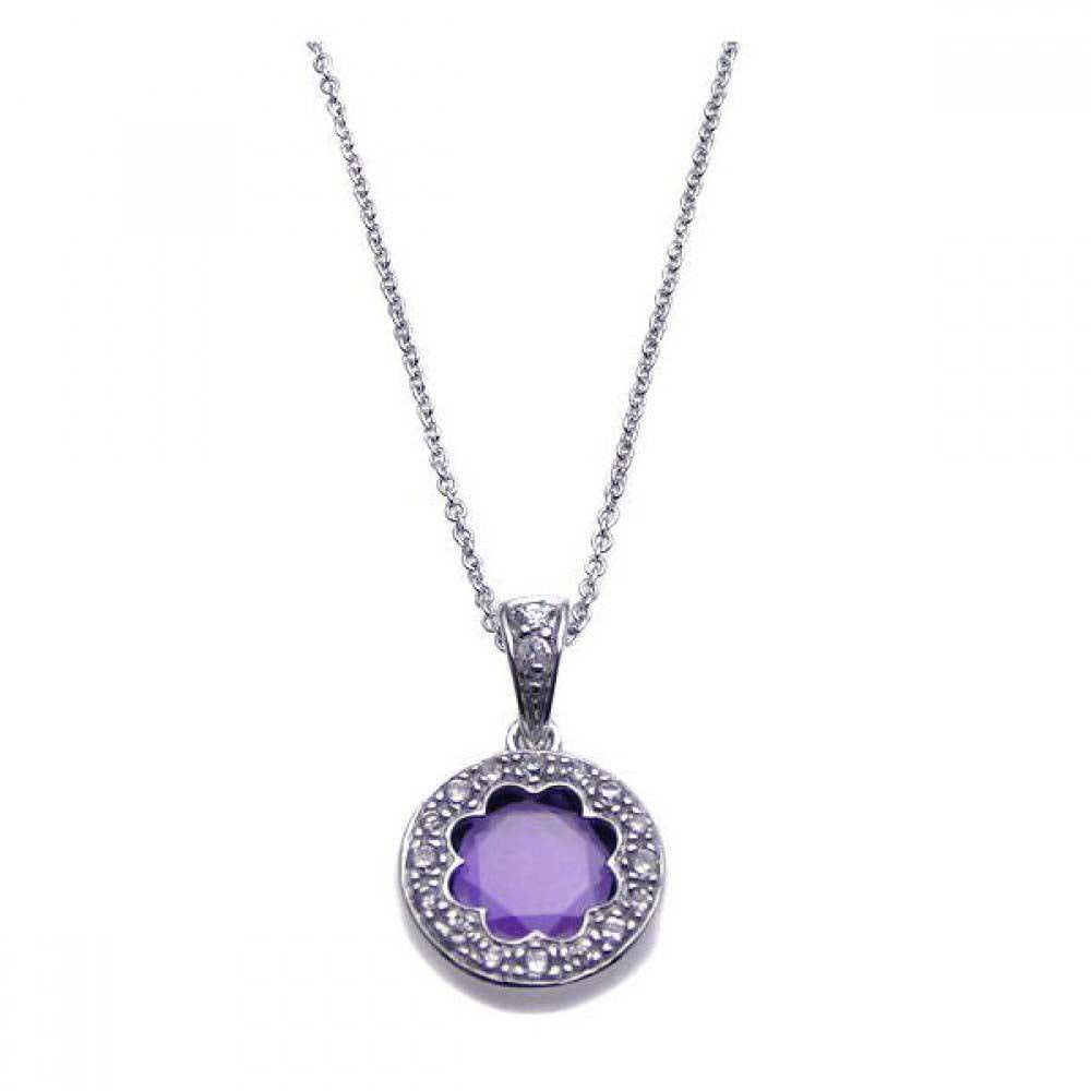 Sterling Silver Necklace with Fancy Round Cluster Pendant Inlaid with Clear Czs and Centered Amethyst Cz