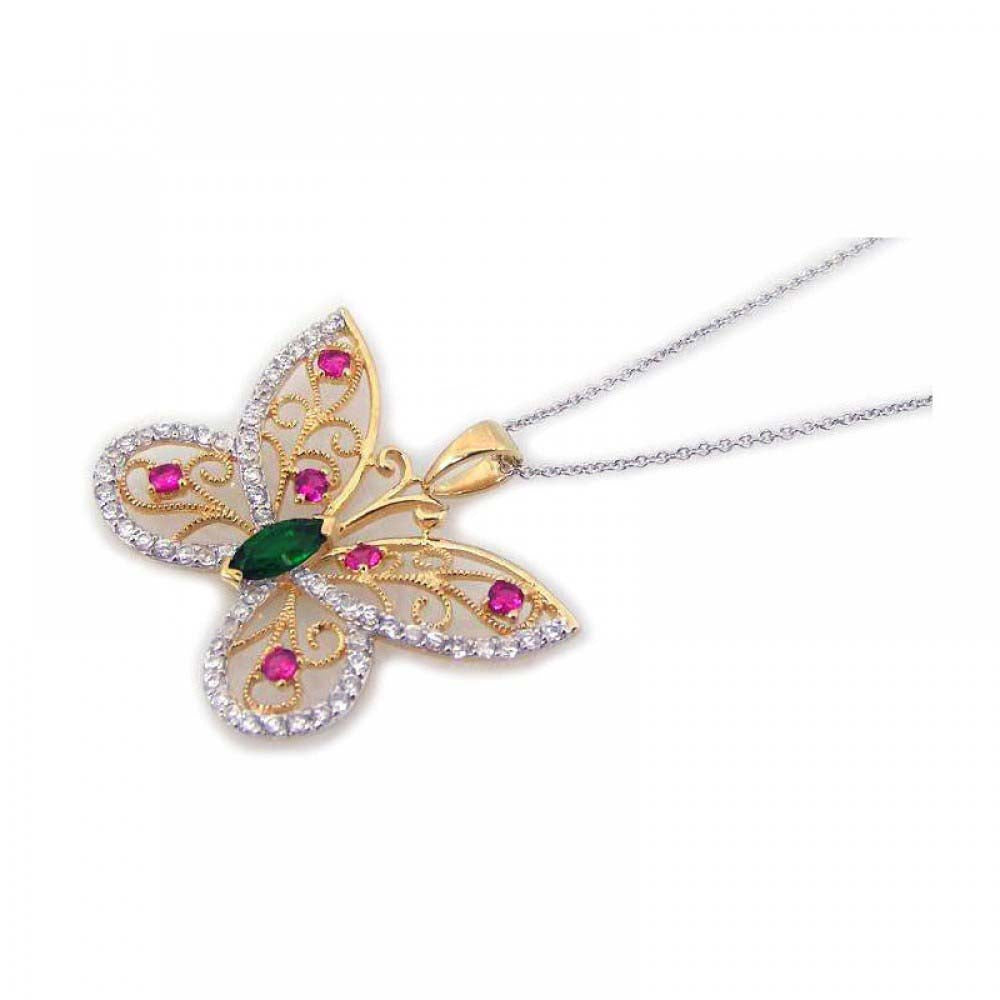 Sterling Silver Necklace with Gold Plated Filigree Butterfly Inlaid with Multi-Color Czs Pendant