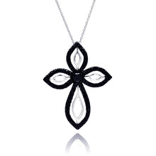 Load image into Gallery viewer, Sterling Silver Rhodium and Black Rhodium Plated Clear and Black CZ Cross Pendant Necklace