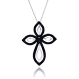 Sterling Silver Rhodium and Black Rhodium Plated Clear and Black CZ Cross Pendant Necklace
