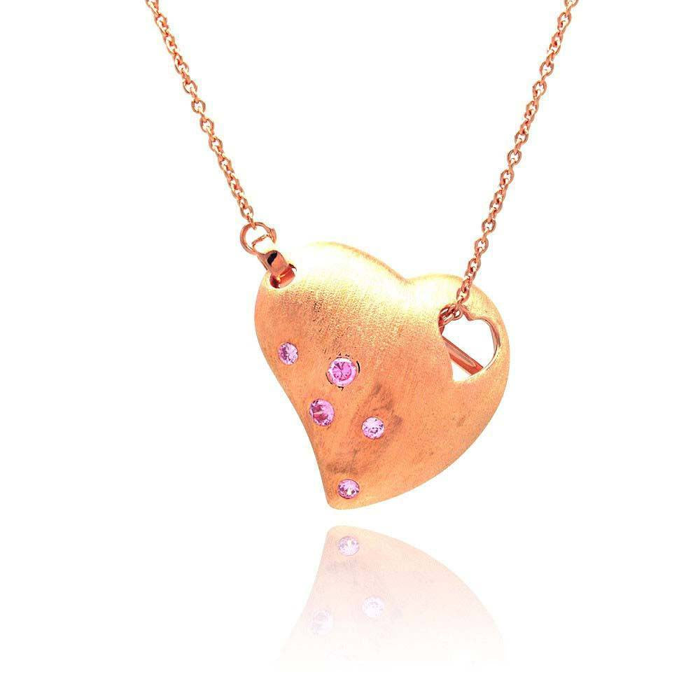 Sterling Silver Rose Gold Plated Necklace with Fancy Matte Finish Heart Inlaid with Pink Czs Pendant