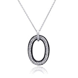 Sterling Silver Necklace with Fancy Open Oval Pendant with Micro Paved Clear Czs and Black Czs Edge