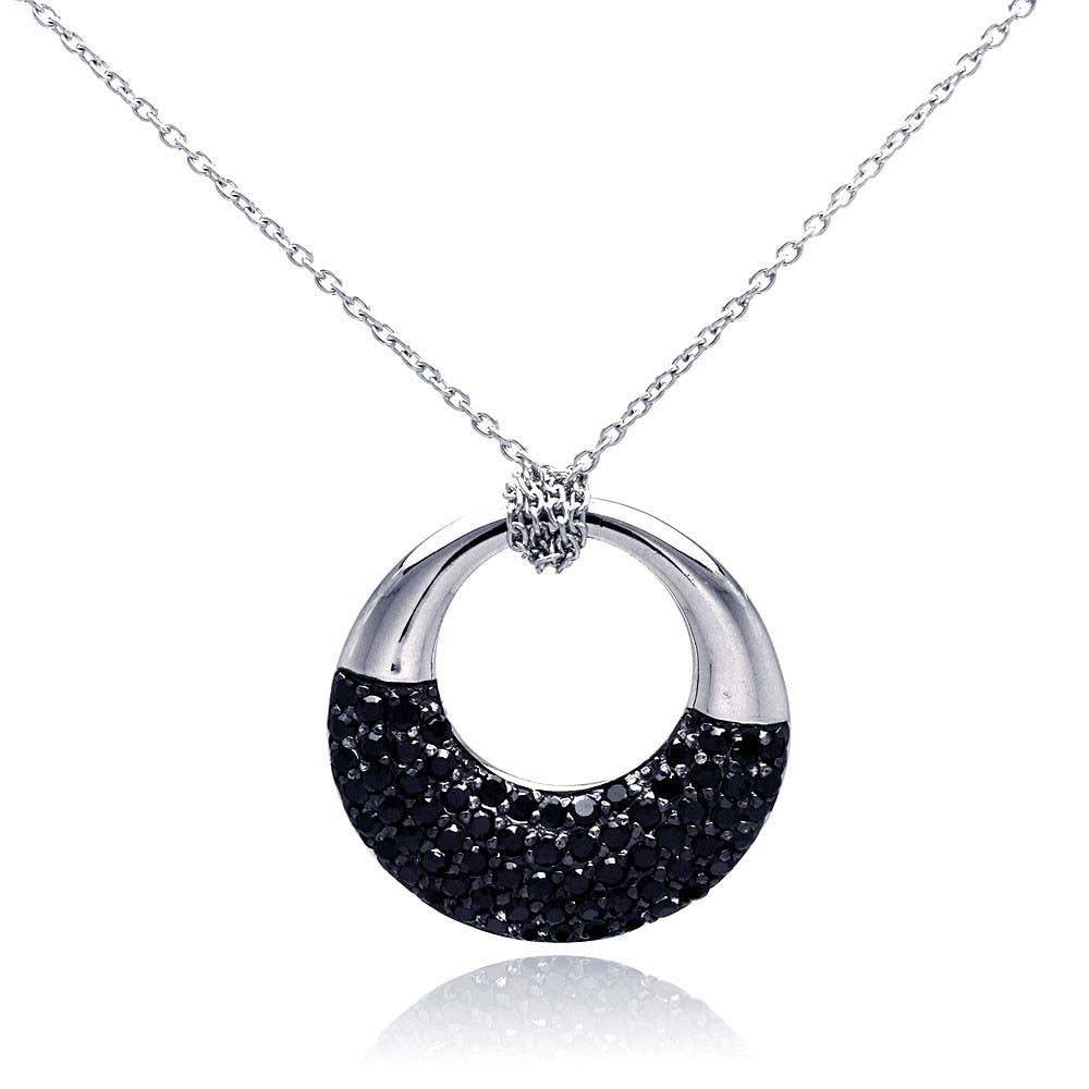 Sterling Silver Necklace with Classy High Polished Open Circle Pendant Inlaid with Micro Paved Black Czs