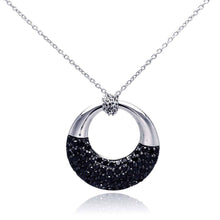 Load image into Gallery viewer, Sterling Silver Necklace with Classy High Polished Open Circle Pendant Inlaid with Micro Paved Black Czs