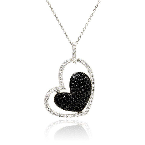 Sterling Silver Necklace with Trendy Double Heart Inlaid with Clear and Black Czs Pendant