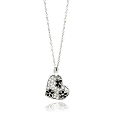 Load image into Gallery viewer, Sterling Silver Necklace with Fancy Heart Inlaid with Clear Czs with Black Enamel Butterfly and Flower Design PendantAnd Chain Length of 16 -18  AdjustableAnd Pendant Dimensions: 15.2MMx16.8MM
