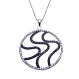 Sterling Silver Necklace with Fancy Paved Clear Czs Round Pendant Wave Pattern Design Inlaid with Black Czs