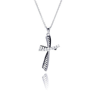 Sterling Silver Rhodium Plated Clear CZ Cross Pendant Necklace