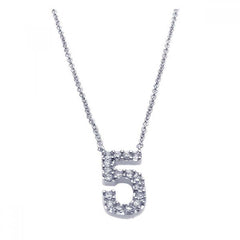Sterling Silver Necklace with Number  5  Pendant Inlaid with Micro Paved Clear Czs