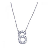 Sterling Silver Necklace with Number  6  Pendant Inlaid with Micro Paved Clear Czs