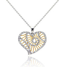 Load image into Gallery viewer, Sterling Silver Necklace with Fancy Heart Gold Plated Line Pattern Design Inlaid with Clear Czs Pendant