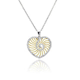 Sterling Silver Necklace with Fancy Heart Gold Plated Swirl Pattern Design Inlaid with Clear Czs Pendant