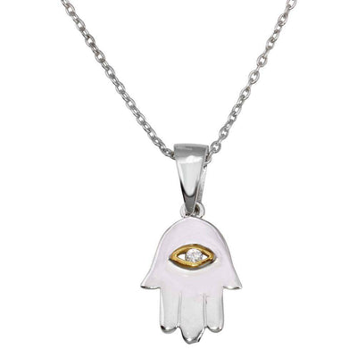 Sterling Silver Rhodium Plated Yellow Stone Hamsa Pendant Necklace