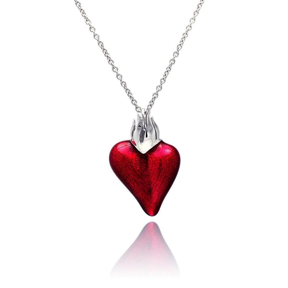 Sterling Silver Rhodium Plated Red Enamel Heart Necklace