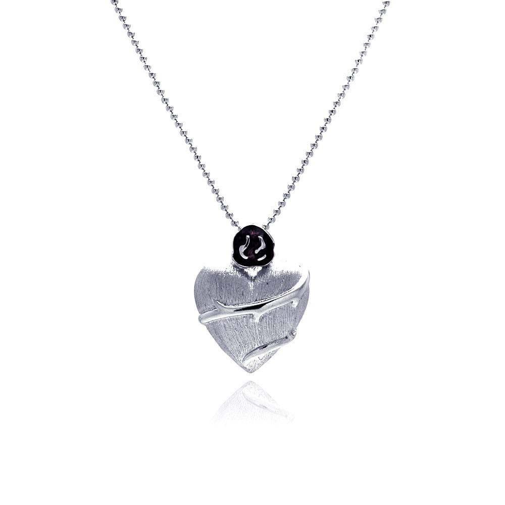 Sterling Silver Necklace with Stylish Matte Finish Heart with Thorn Design Pendant