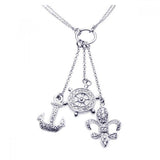 Sterling Silver Double Strand Necklace with AnchorAnd Helm and Fleur De Lis Pendants Inlaid with Clear Czs