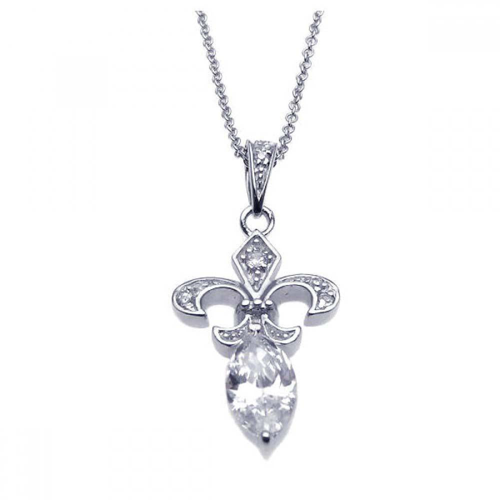 Sterling Silver Necklace with Fancy Fleur De Lis Pendant with Floating Marquise Cut Cz