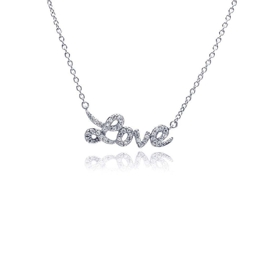 Sterling Silver Rhodium Plated Necklace with Fancy Word  Love  Inlaid with Clear Czs Pendant