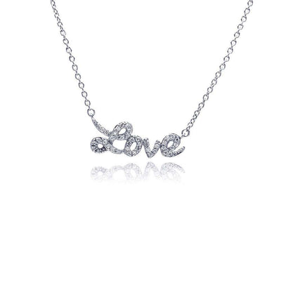 Sterling Silver Rhodium Plated Necklace with Fancy Word  Love  Inlaid with Clear Czs Pendant
