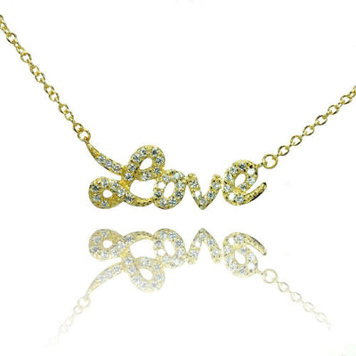 Sterling Silver Gold Plated Necklace with Fancy Word  Love  Inlaid with Clear Czs PendantAnd Chain Length of 16 -18  AdjustableAnd Pendant Dimensions: 30MMx10MM