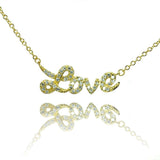 Sterling Silver Gold Plated Necklace with Fancy Word  Love  Inlaid with Clear Czs PendantAnd Chain Length of 16 -18  AdjustableAnd Pendant Dimensions: 30MMx10MM